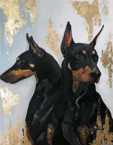 Glezna pēc numuriem ar zeltu - Dobermanu suņu šķirne