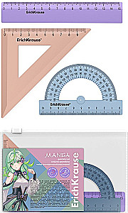 Geometriskais komplekts mazs plastmasas - Manga, (lineāls, leņķis, transportieris), assorti
