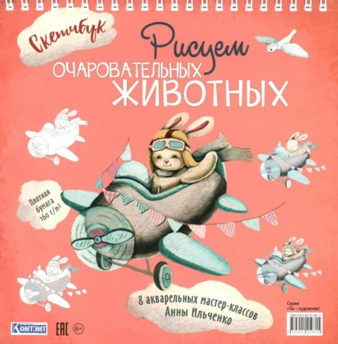 Рисуем очаровательных животных (заяц на самолете). Скетчбук на пружине