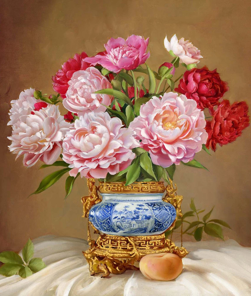 Glezna pēc numuriem ar zeltu - Buzins. Peonijas porcelāna vāzē