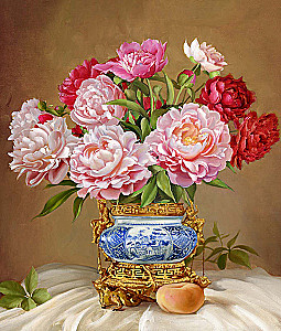 Glezna pēc numuriem ar zeltu - Buzins. Peonijas porcelāna vāzē