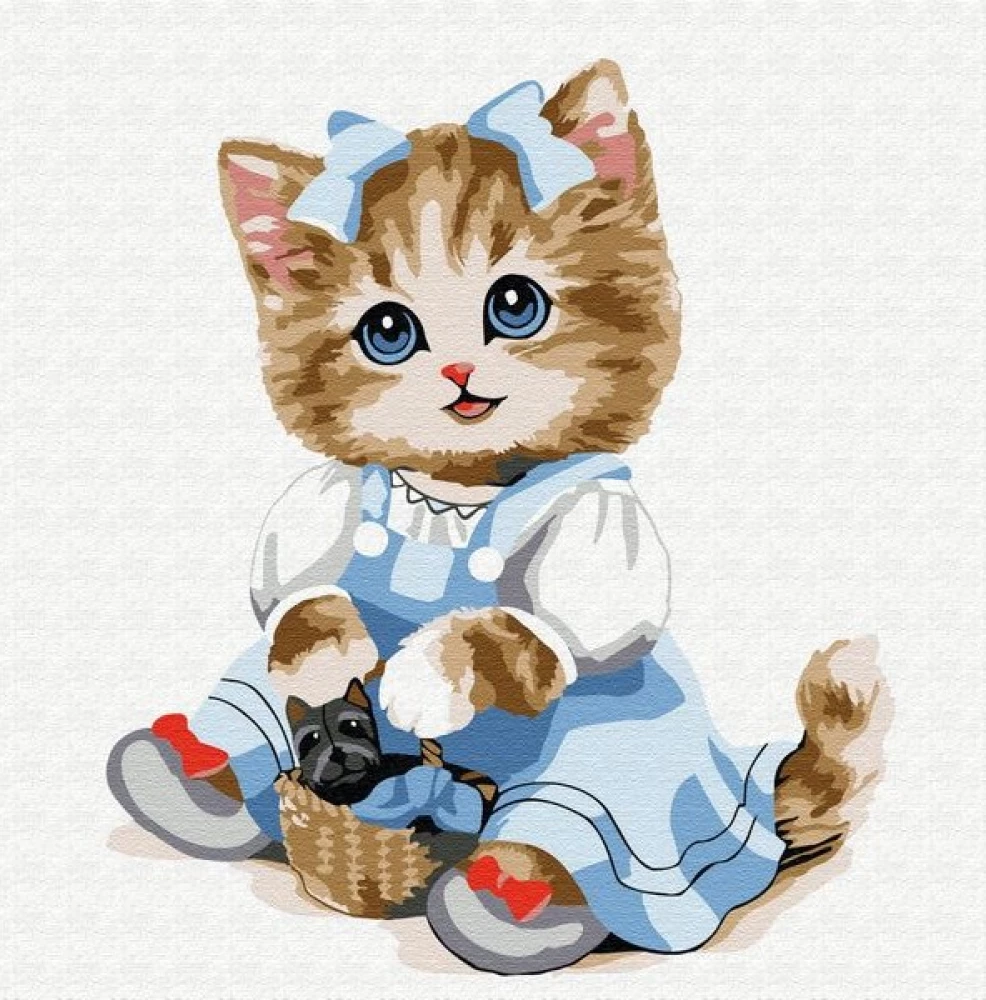 Картина по номерам (20Х20) КОШЕЧКА С КОРЗИНКОЙ (14 цветов)