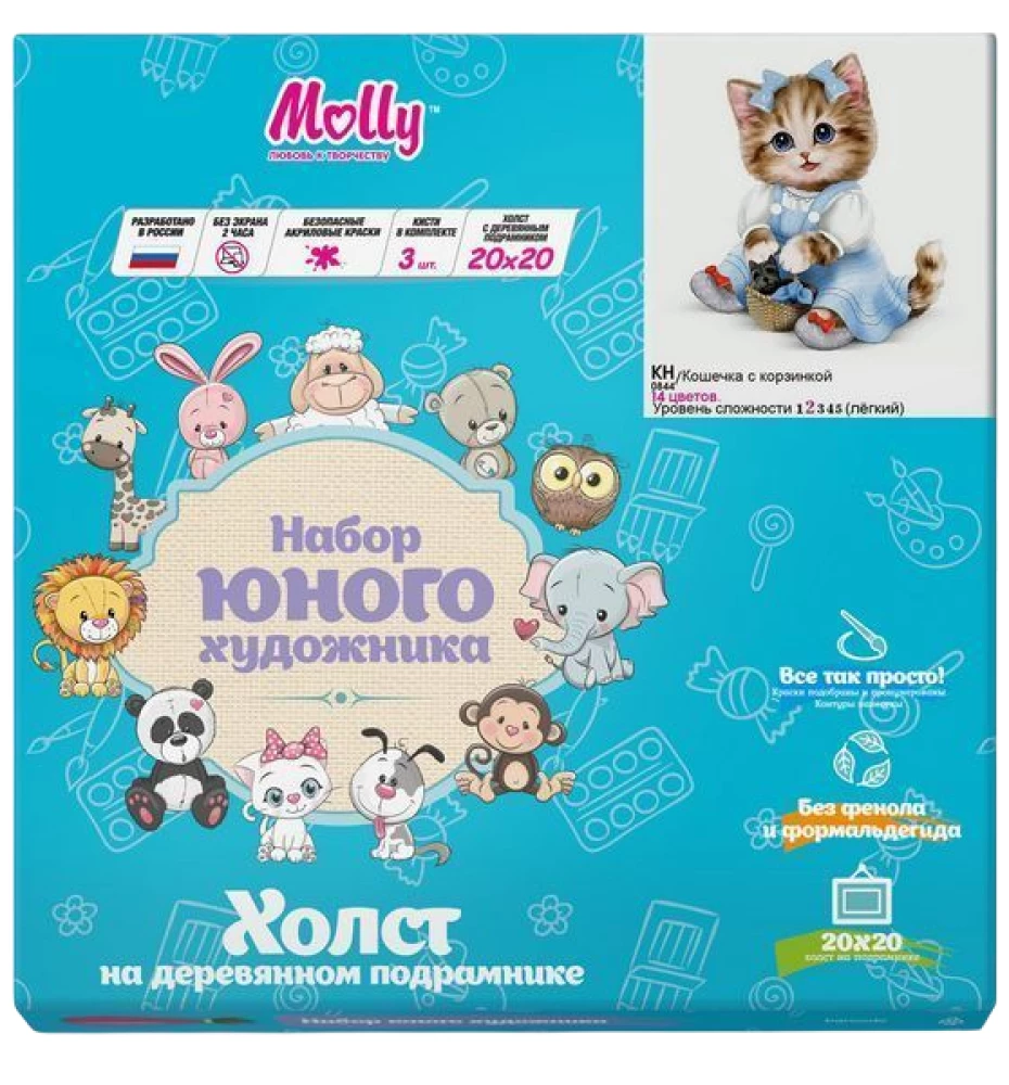 Картина по номерам (20Х20) КОШЕЧКА С КОРЗИНКОЙ (14 цветов)