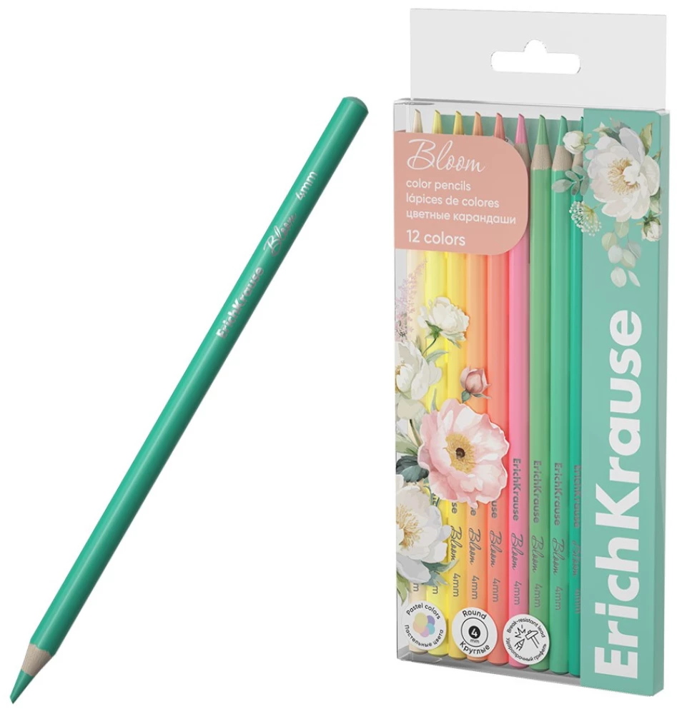 Krāsainie koka zīmuļi ErichKrause Pastel Bloom, apaļi, 4 mm kodols, 12 krāsas