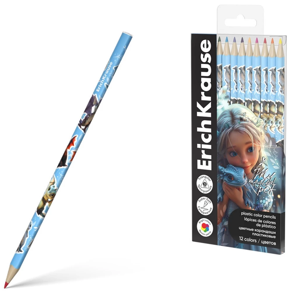 Krāsainie plastmasas zīmuļi ErichKrause Magic Pet trīsstūrveida, 3 mm kodols, 12 krāsas