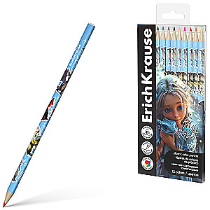Krāsainie plastmasas zīmuļi ErichKrause Magic Pet trīsstūrveida, 3 mm kodols, 12 krāsas