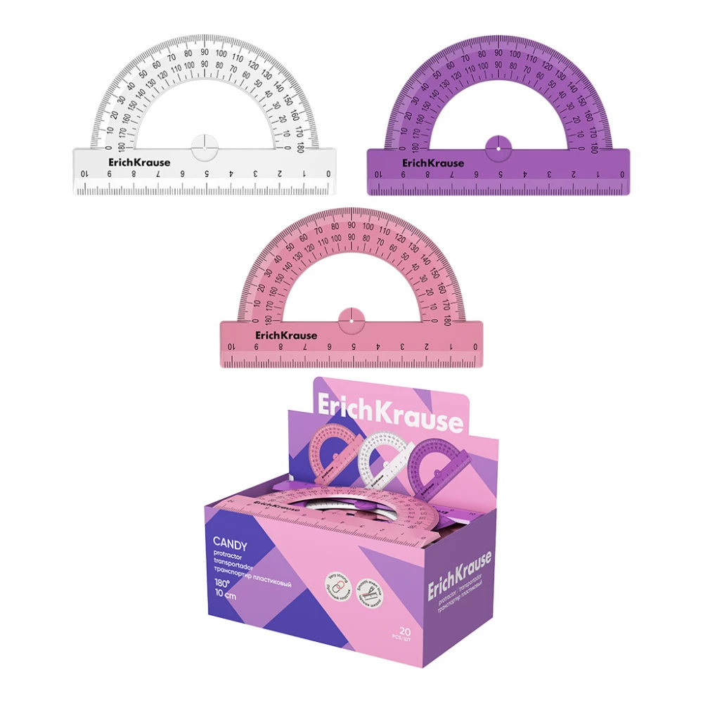 Plastmasas leņķmērs ErichKrause Candy, 180°/10cm, assorti