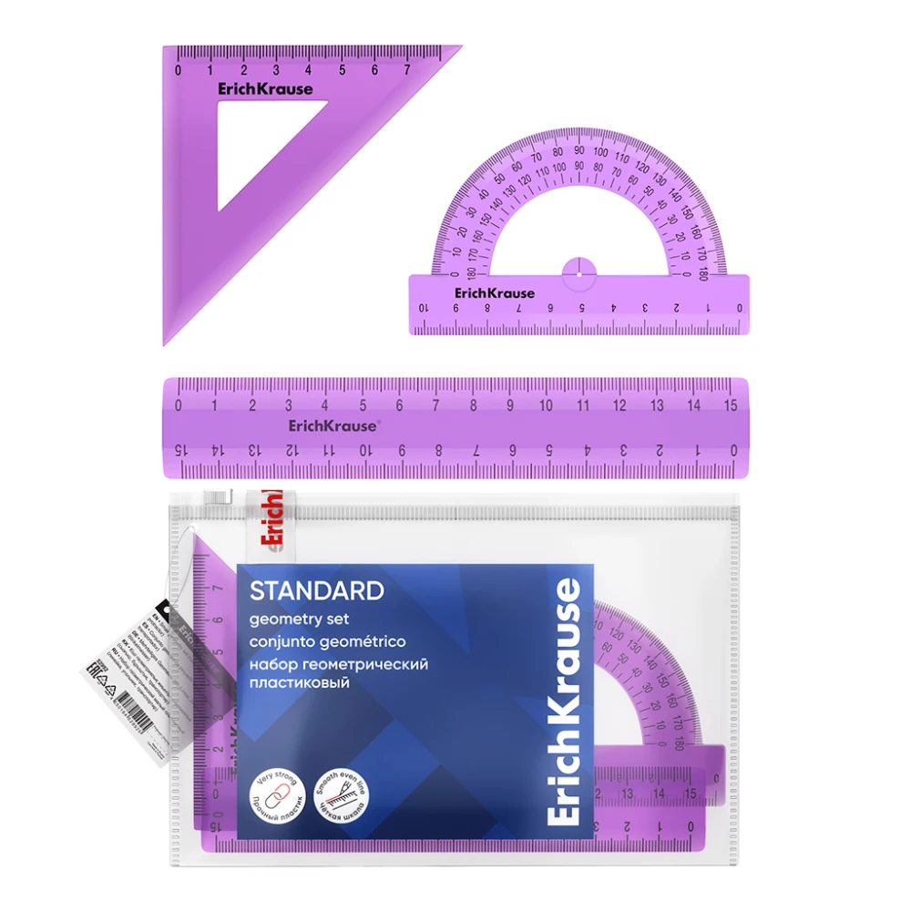 Geometriskais komplekts mazais plastmasas ErichKrause Standard, (lineāls, leņķis, transportieris)