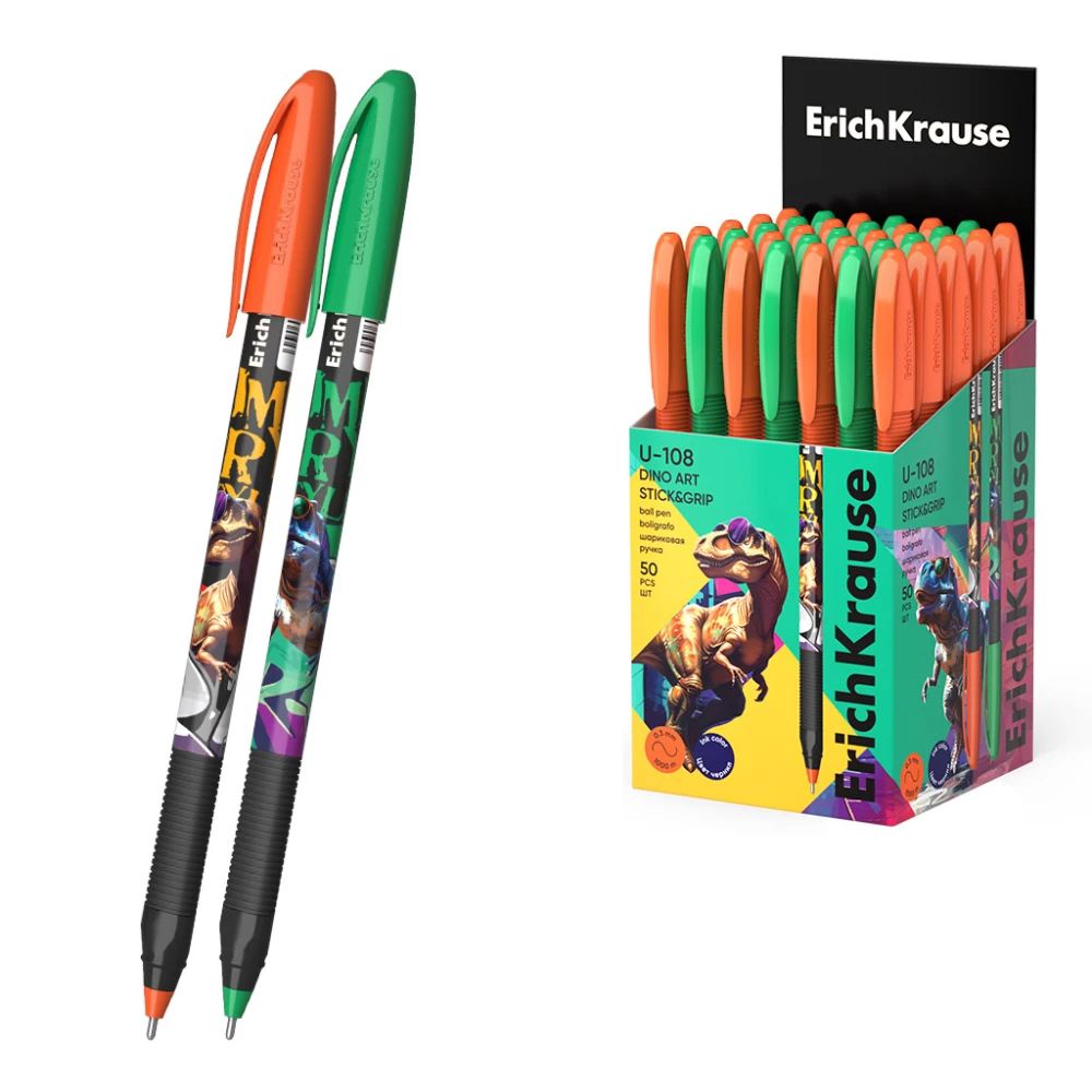Ручка шариковая ErichKrause U-109 Stick&Grip Dino Art 1.0, Ultra Glide Technology, цвет чернил синий, в ассортименте