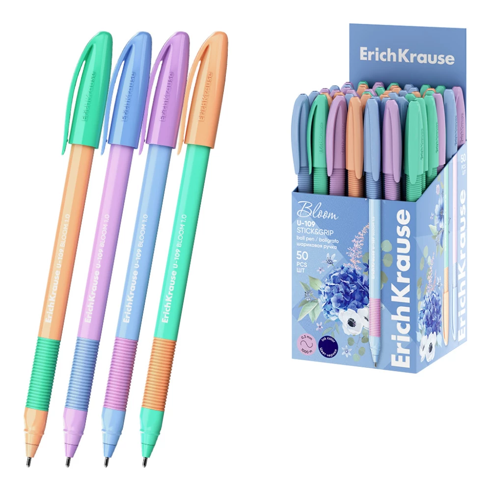 Ручка шариковая ErichKrause U-109 Stick&Grip Pastel Bloom 1.0, Ultra Glide Technology, цвет чернил синий, в ассортименте