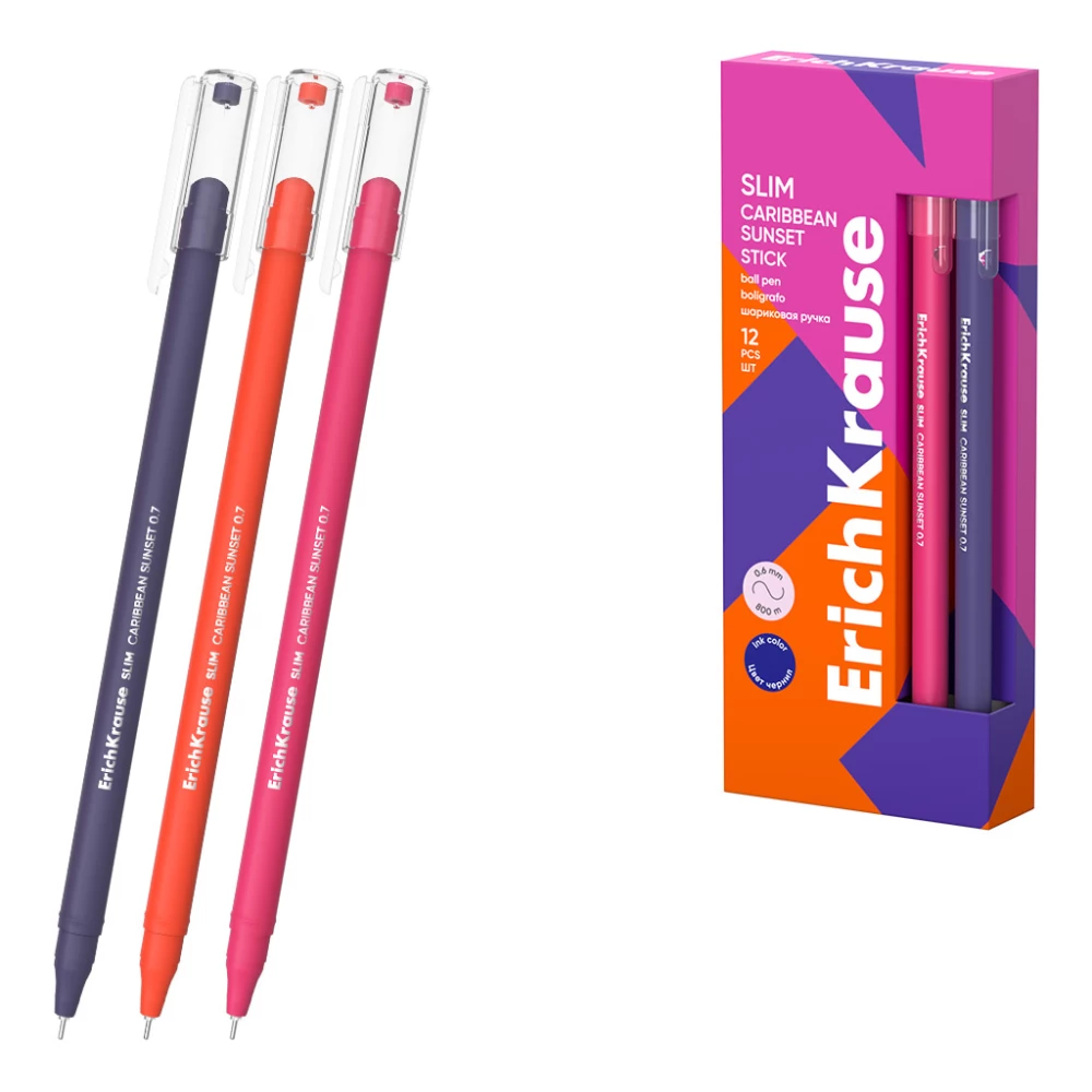 Kugļpildspalva ErichKrause Slim Stick Caribbean Sunset 0.7, tintes krāsa zila, dažādās krāsās