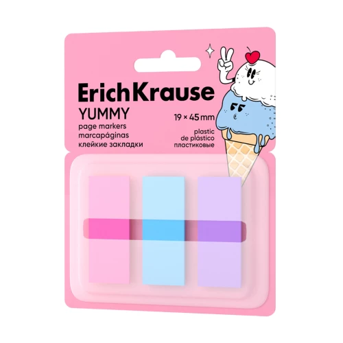 Клейкие закладки пластиковые ErichKrause Yummy, 19x45 мм, 60 листов, 3 цвета