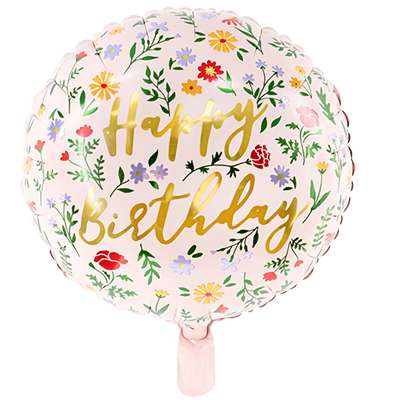 Follija balons Happy Birthday, 35cm apaļš ar ziediem