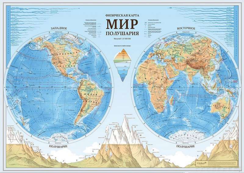 Карта Мир физический Полушария 101х69 cm