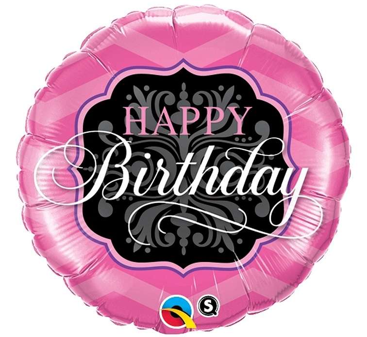 Folijas balons 18/46cm apaļš QL CIR Happy Birthday ST ASORT roza-melns