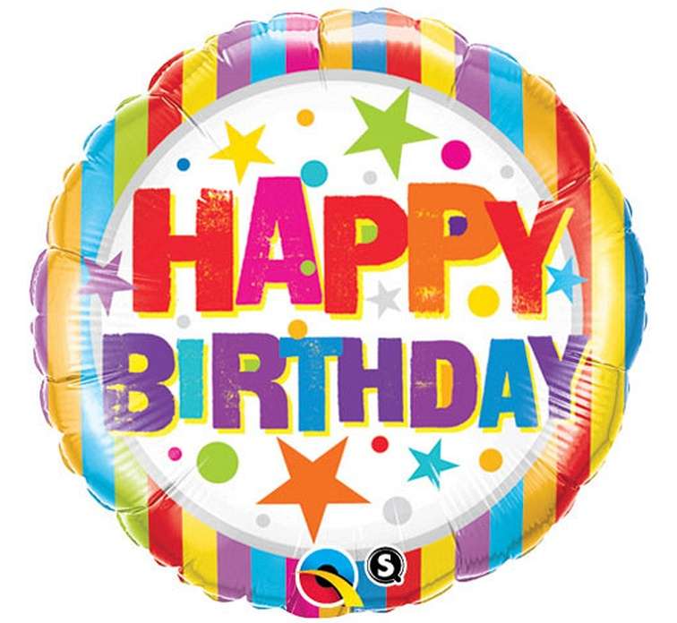 Folijas balons 18/46cm apaļš QL CIR Happy Birthday Stripes&Stars 