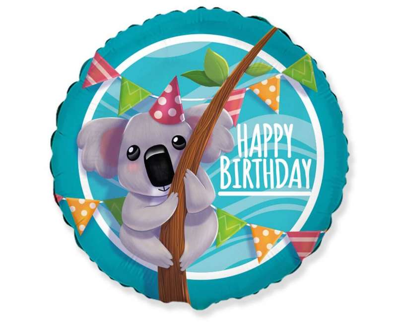 Folijas balons 18/46cm apaļš FX Koala Happy Birthday zaļš